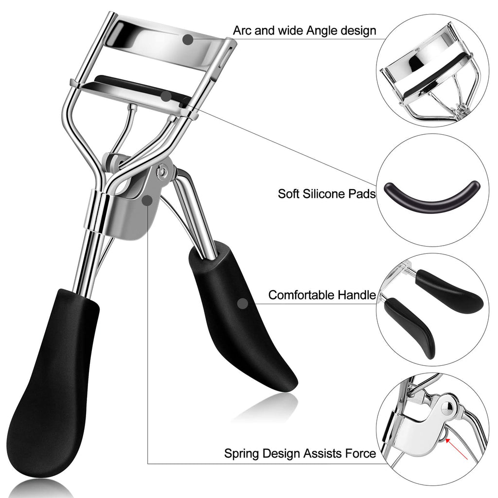 Zowor Eyelash Curler with Comb and Brush Fit All Eye Shape Curved Eyelash Curlers with 6PCS Silicone Refill Pad,Natural and Long Lasting Lash Curler for Women Make Up Gift(Black)