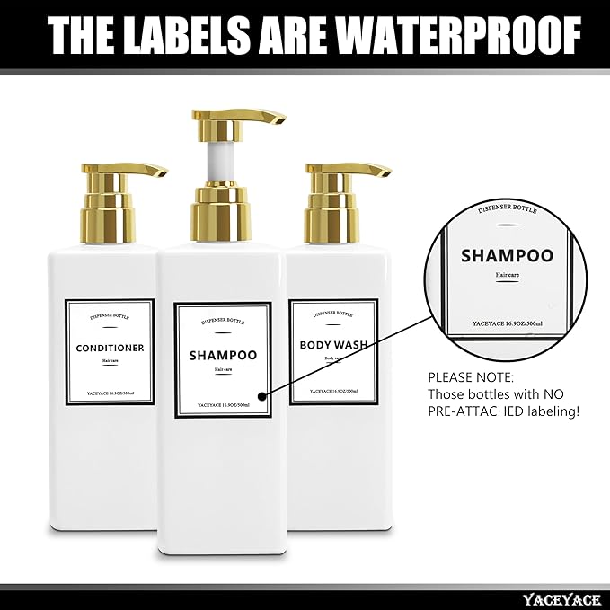 White With Gold Pump Shampoo Bottles Set of 3, 500ml Refillable Shower Dispenser, Rectangular Plastic Bottles with Pump, Glass & Metal Free