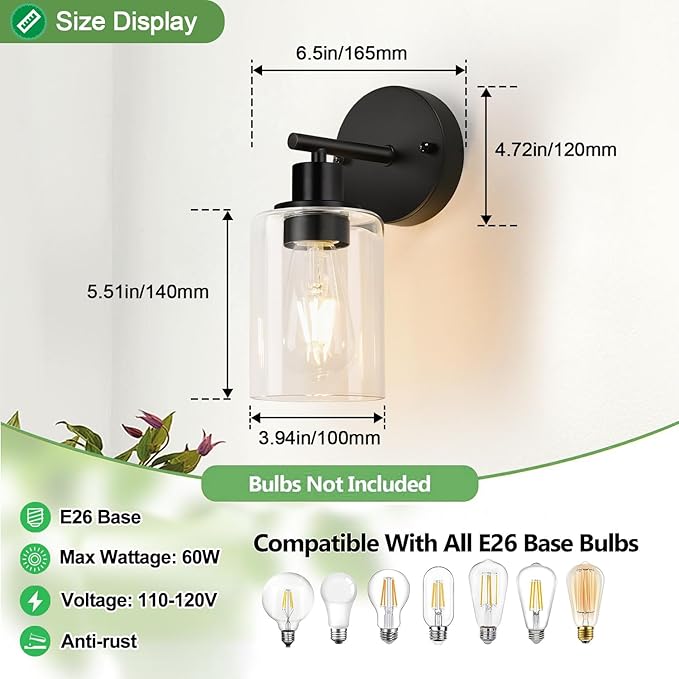 Zarbitta Set of 2 Wall Sconces for Bathroom,Black Modern Vanity Lights with Clear Glass Shade,Bathroom Wall Lamp for Mirror Kitchen Living Room Hallway Cabinet Porch