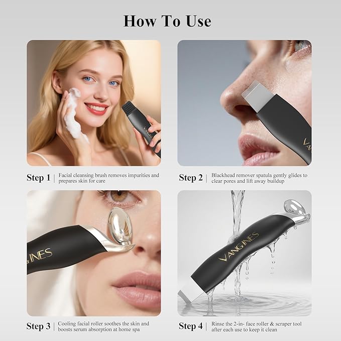 Vangines Blackhead Remover Tool with Ice Roller, Stainless Steel Face Scraper, Skin Scrubber Face Spatula for Deep Cleansing, 3-in-1 Skin Care Tool with 2 Silicone Brush Heads (Charcoal Black)