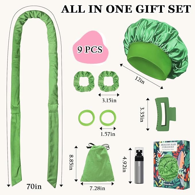 Gwabee Heatless Curls Overnight Hair Curlers to Sleep In, 9 PCS Velvet Heatless Hair Curler Overnight Curls for Women Long Medium Hair Volumes, Heatless Curling Waves Set with Sleep Bonnet - Green