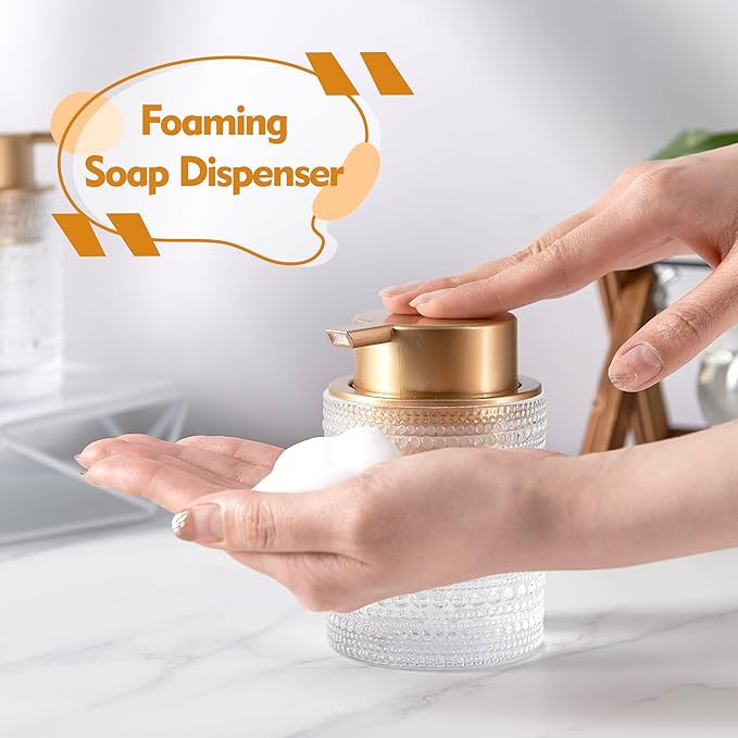 12 Oz Glass Foaming Soap Dispenser with Gold Pump, Clear Refillable Liquid Hand Soap Bottles for Bathroom, Cute Decorative Lotion Container for Dish Soap, Hand Soap