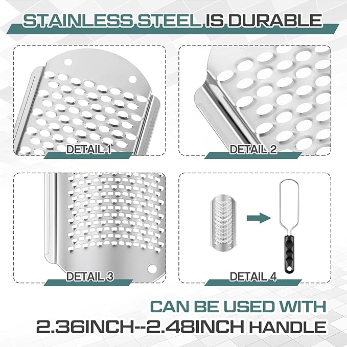 Moxweyeni 8 Pack Silver Foot File Callus Remover Replacement Blades Metal Pedicure Rasp Hard Skin Remove Scrubber Stainless Steel 2 Designs Big/fine Hole for Detachable Foot Grater