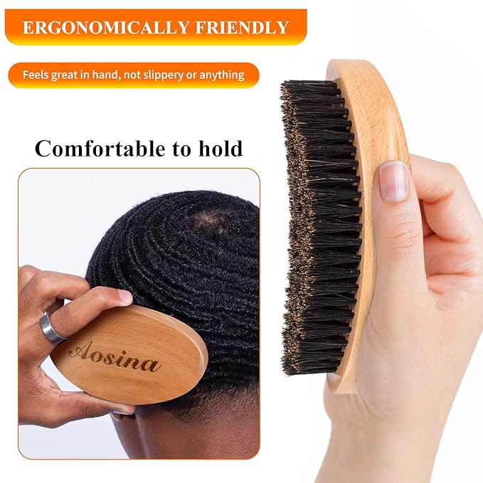 Aosina Soft 360 Wave Brush for Men, 100% Pure Boar Bristle Hair Brush for Men, Beech Wood Curved Palm Brush for Fresh Cuts, Beginners, Short Hair Waves & Beard Grooming