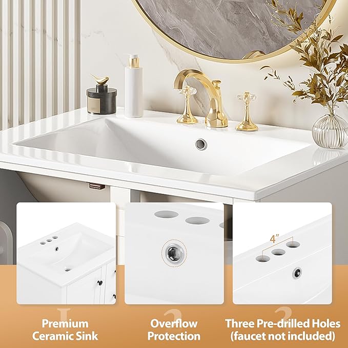 Bellemave 24" Bathroom Vanity with Sink Combo Set, Solid Wood Frame Bathroom Storage Cabinet with 3 Drawers, Soft Closing Cabinet Door with Organizer, White