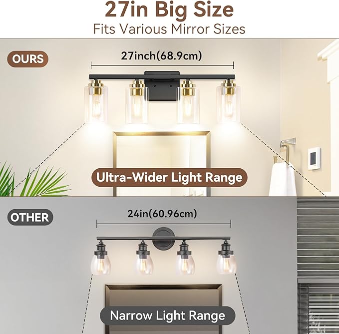 VerRon 4-Light Black & Gold Bathroom Light Fixtures Over Mirror 27 Inches