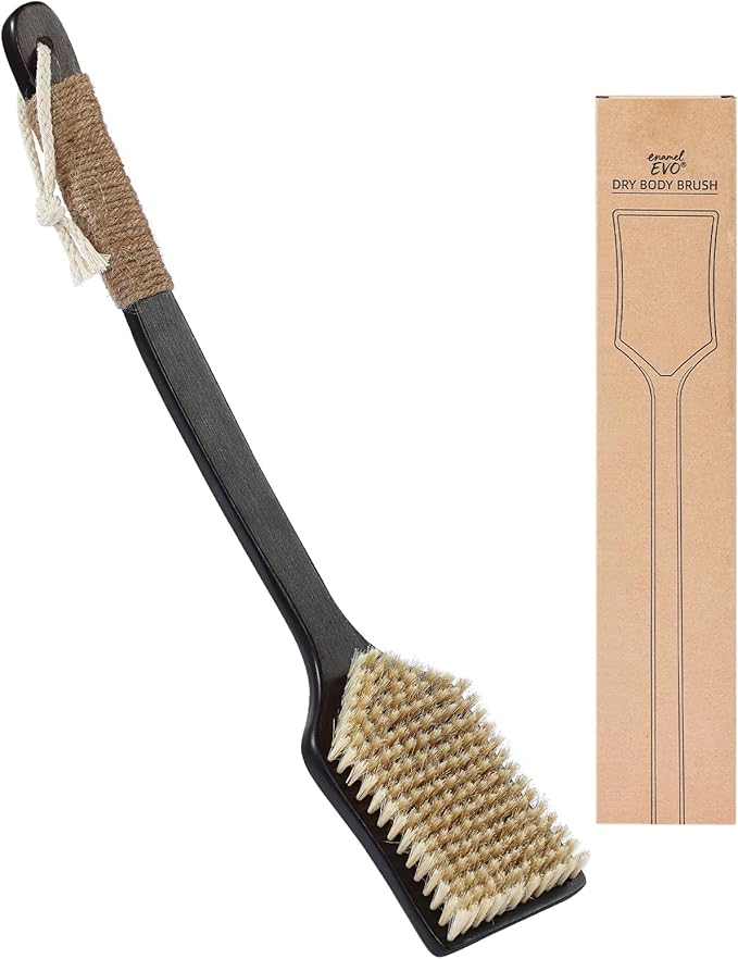 ENAMELEVO Back Scrubber Shower Brush,Dry Brushing Body Brush with 17.7 Inch Curved Long Handle, Natural Bristles for Lymphatic Drainage, Soft & Stiff Bristles Available (Natural Fiber, Stiff)