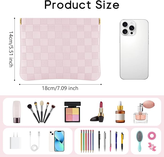 Sightor 2PCS Pocket Cosmetic Bag for Purse, Checkered Makeup Bag Portable Leather Cosmetic Bag for Women, Coin Purse Lipstick Cosmetic Accessories Organizer Travel Cosmetic Pouch (Pink, White, L)