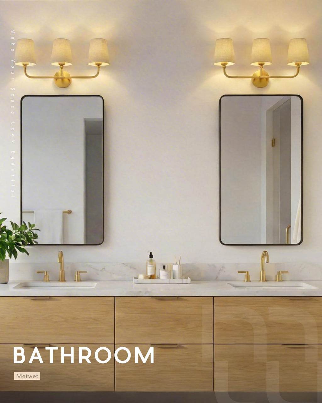 METWET 3-Light Brushed Gold Bathroom Vanity Light, Brown Linen Fabric Shade