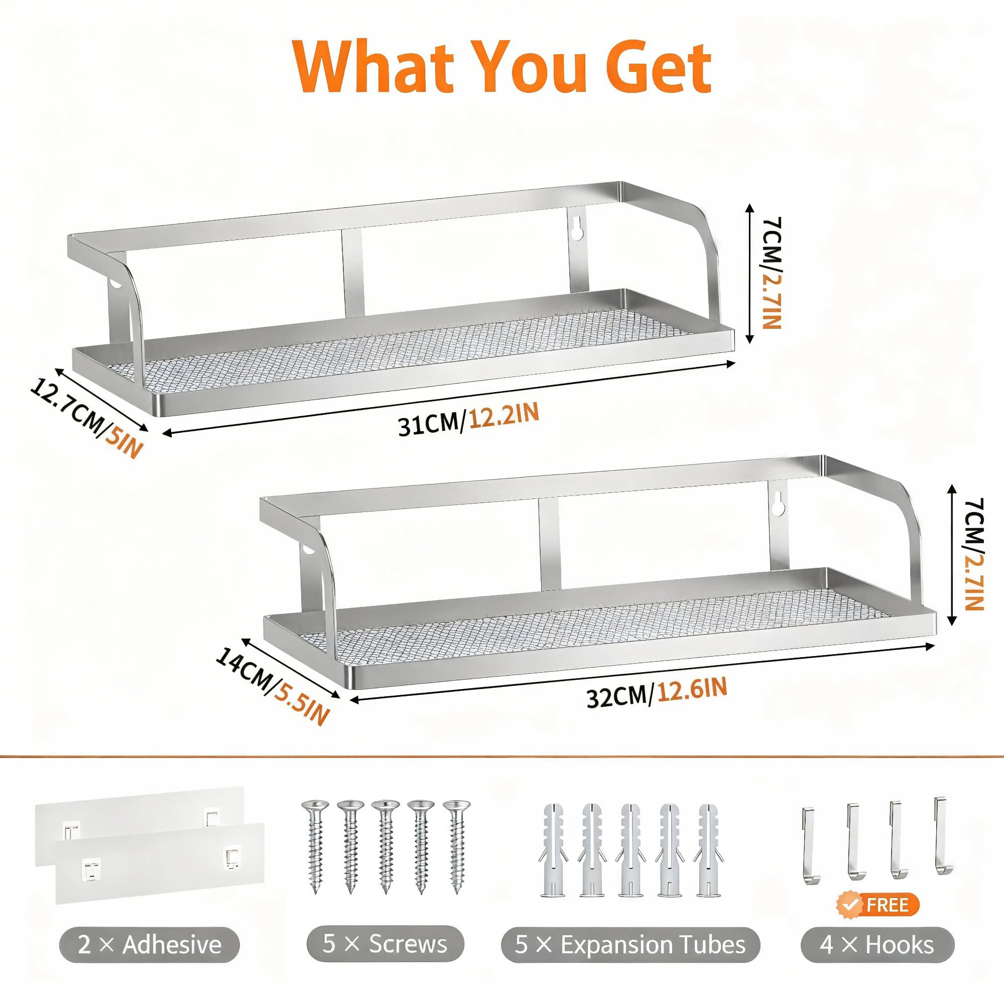 PUSDON 2-Pack Wide Hollowout Shower Caddy & Spice Rack, Wall Mount Bathroom Organizer with Mesh Bottom, Easy Access Cabinet Door Shelf Holds 50LBS - Silver Gray, Hollowout