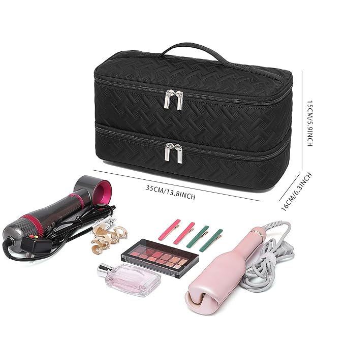 Double-Layer Travel Carrying Case for Revlon One-Step Hair Dryer Brush Volumizer Styler Shark FlexStyle Attachment Portable Storage Organizer Bag Hair Tools Travel Bag (Black)