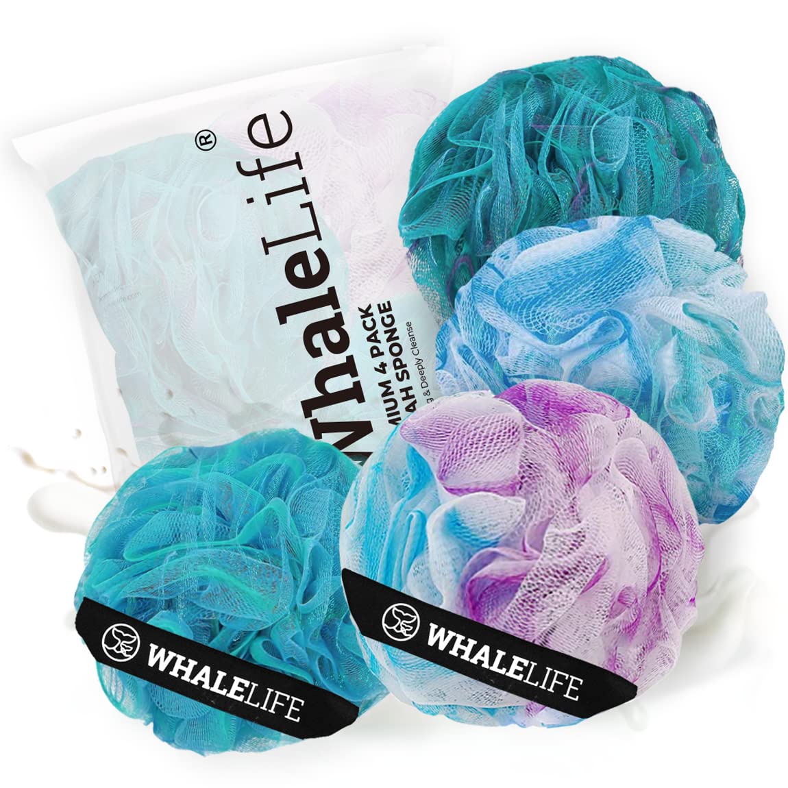Bath Loofah Sponge for Shower - Body Scrubber 4-Pack Gray Blue Green Purple