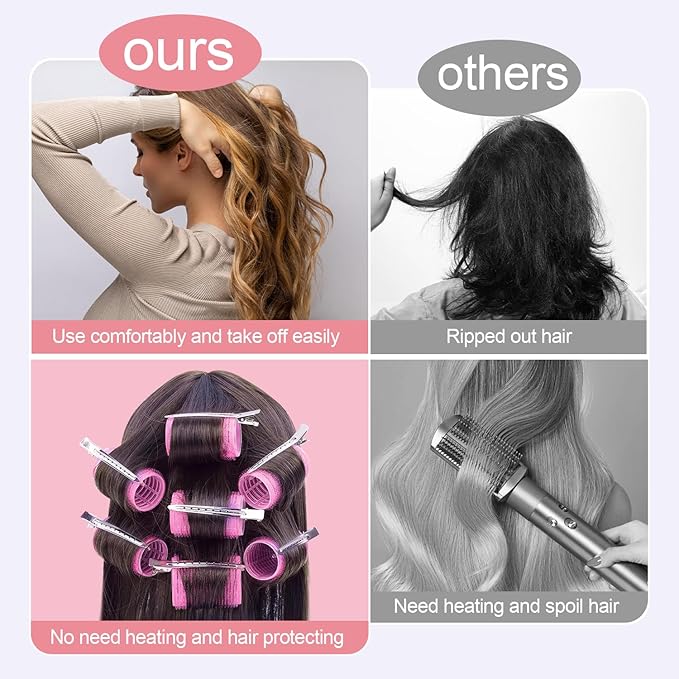 IKOCO Hair Rollers Set, 4 Sizes with 12 Clips and Comb - Self Grip Curlers for Long/Short Hair, Thermal Safe Rollers for Salon-Worthy Styling Pink
