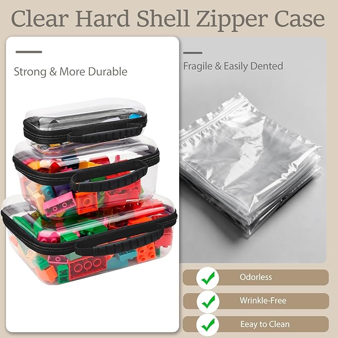 JZRTravel 3 Pack Clear Hard Shell Zipper Case with Handle Waterproof PET Hard Plastic Storage Pouches for Toiletry Makeup Cosmetic Toys Art Supplies Case Bag Organizer Travel Essentials