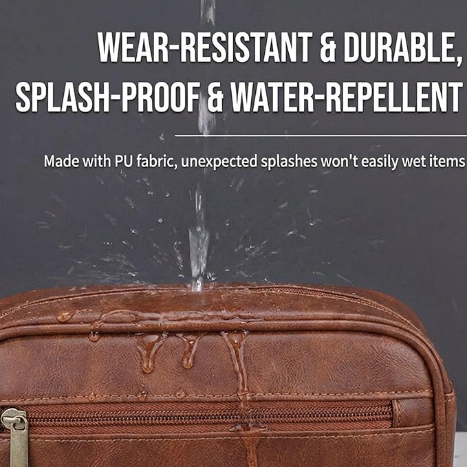 Men’s Toiletry Bag - Vintage PU Leather Kit for Travel - Water-Resistant Shaving Bag,Compact Pouch Gift for Husband, Dad (Khaki)