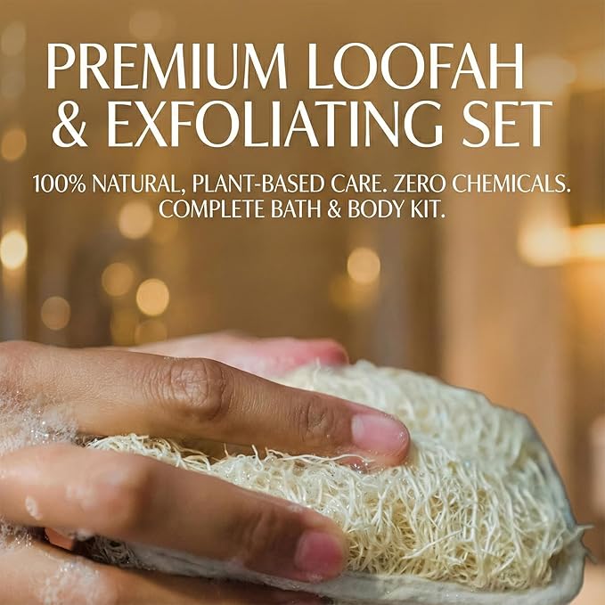 Natural Loofah Back Scrubber for Shower, Back Loofah for Women and Men, Exfoliating Loofah Sponge with Soap Bag, 3-pcs