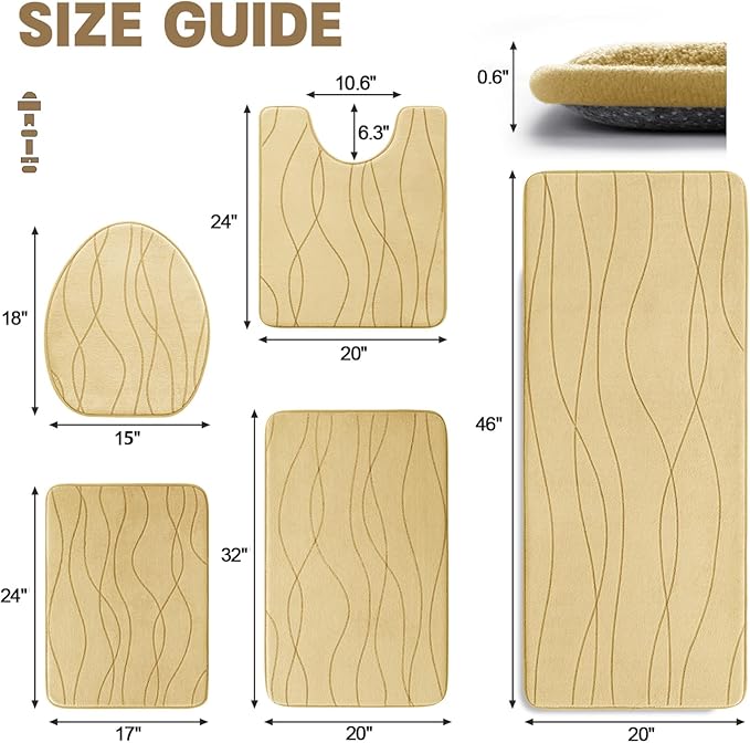 YIHOUSE Bathroom Rugs Set 5 Piece, Memory Foam Bath Mat Beige