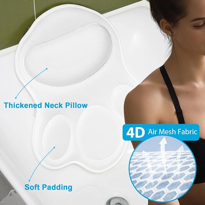 JUSDOO Bath Pillows for Tub Neck and Back Support - Upgraded Non-Slip Rubber Backing & 6 Suction Cups, 4D Air Mesh Spa Bathtub Cushion for Head Rest, Machine Washable with Laundry Bag & Hook(White)
