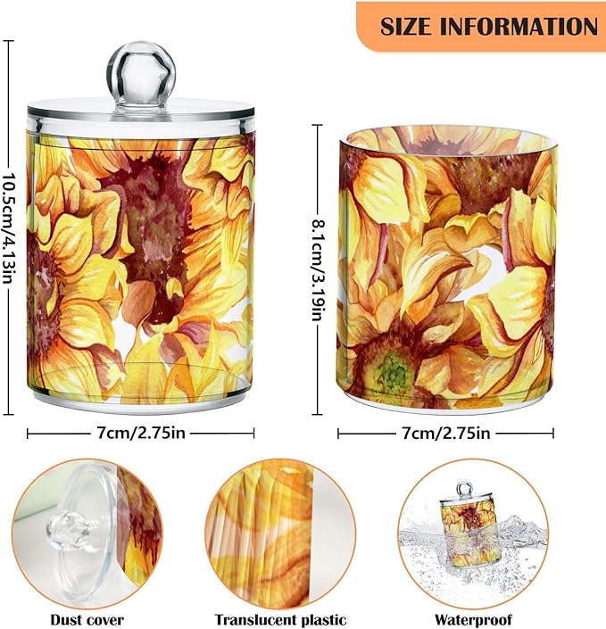2 Pack Qtip Holder Dispenser for Cotton Ball Sunflowers Floral Cotton Swab Round Pads Clear Plastic Acrylic Jar Set Bathroom Canister