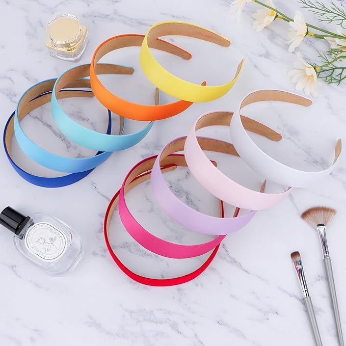 Wecoe Hairband, 10 Pack Satin Headbands Women 1.3 Inch Wide White Blue Pink Purple Red Orange Yellow Green, Non Slip Fashion Hair Bands Diy Holiday Costume Hair Accessories Women Girls