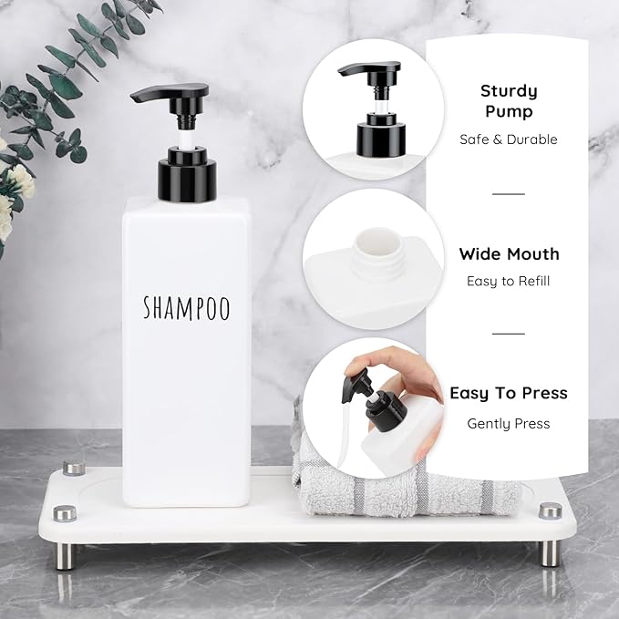 Segbeauty 16.9oz Shampoo and Conditioner Dispenser, 6pcs Empty Refillable Soap Dispenser Set, 500ml Plastic Square Soap Dispensers for Bathroom, Press Pump Body Wash Dispenser for Shower Bathroom