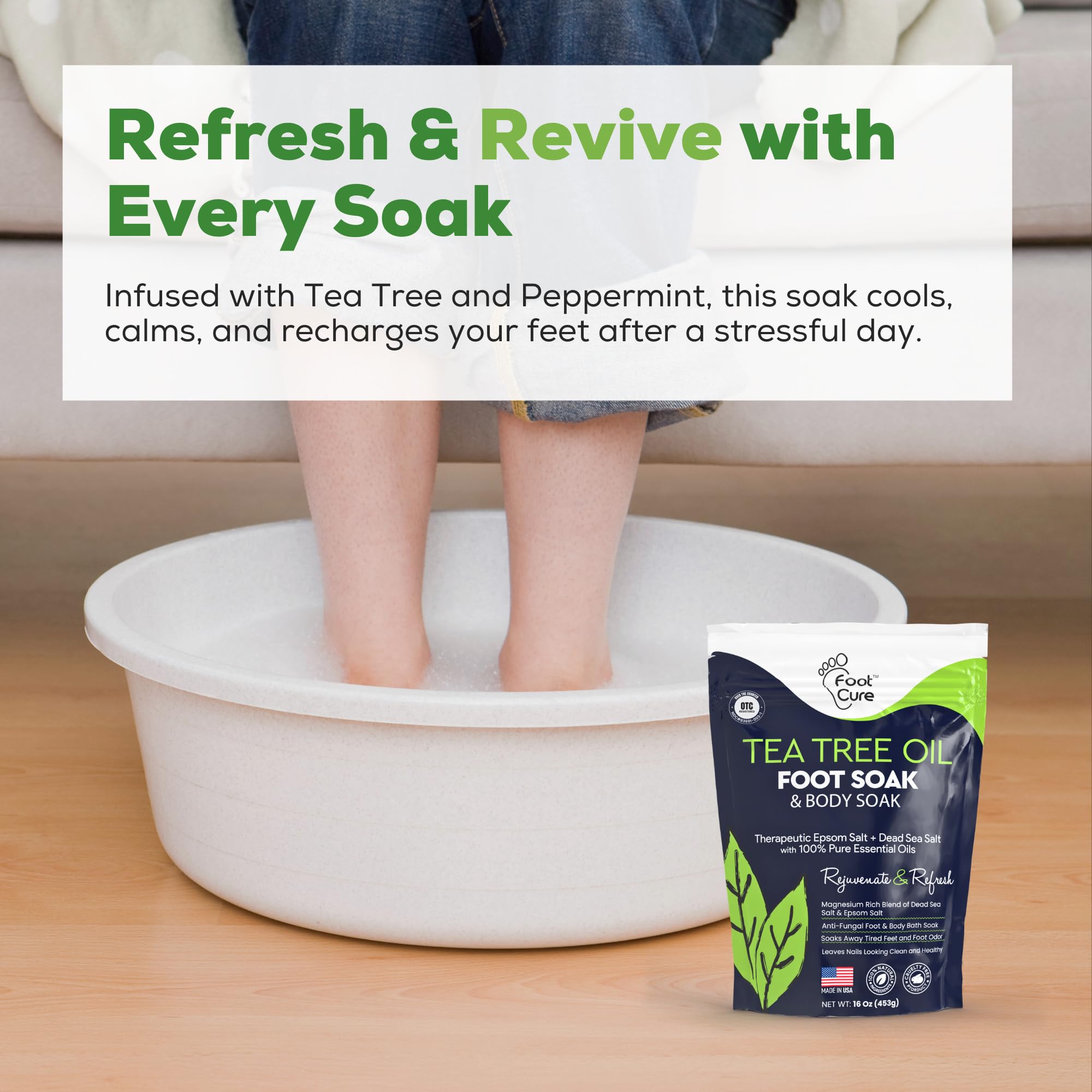 FOOT CURE Tea Tree Oil Foot Soak with Epsom Salt - Best Toenail Fungus Treatment, Athletes Foot & Softens Calluses - Soothes Sore & Tired Feet, Fungal Toe, Foot Odor Scent, Spa Pedicure (Pack of 2)