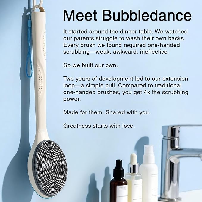 BUBBLEDANCE® Silicone Back Scrubber with Extendable Long Handle (17.5"-31.9"), Firm Bristles for Deep Exfoliation, Anti-Slip Shower Brush for Bath & Dry Brushing (White)