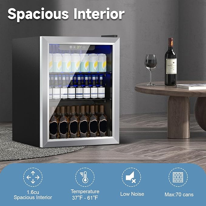 DOGHLY Beverage Refrigerator Cooler, 70 Can Mini Fridge Glass Door for Drinks Soda, Beer, or Wine - Small Refrigerator for Office Bedroom Home Bar, Adjustable Shelves, 1.7 Cu.Ft, Silver
