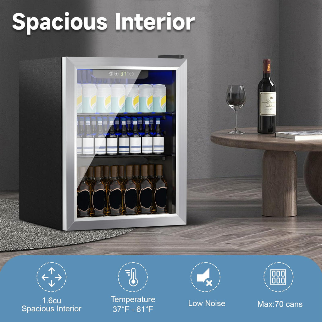 DOGHLY Beverage Refrigerator Cooler, 70 Can Mini Fridge Glass Door for Drinks Soda, Beer, or Wine - Small Refrigerator for Office Bedroom Home Bar, Adjustable Shelves, 1.7 Cu.Ft, Silver