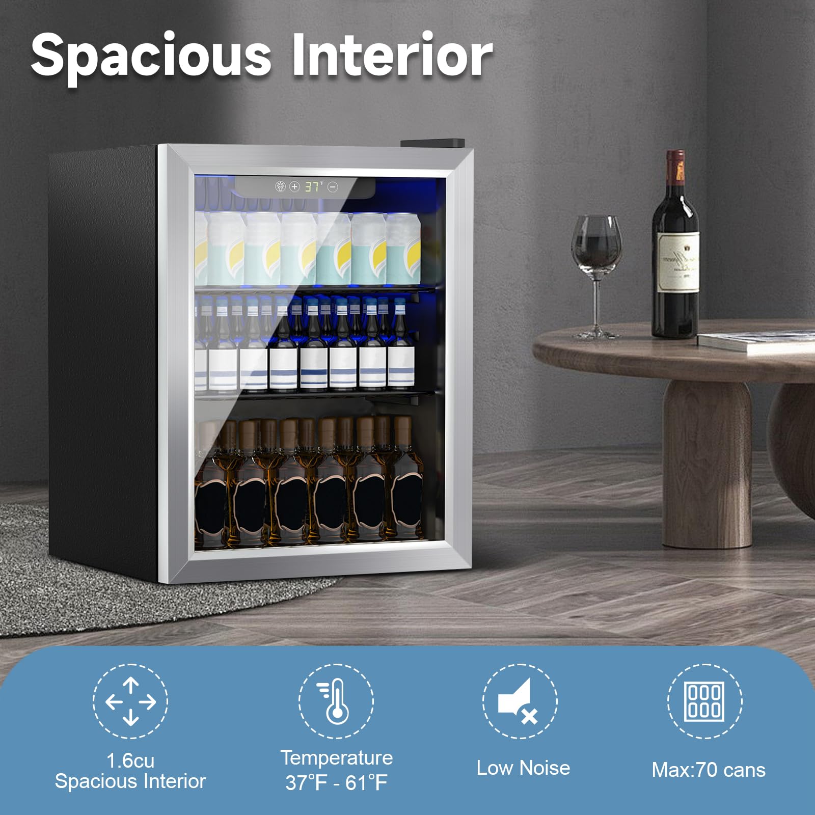 DOGHLY Beverage Refrigerator Cooler, 70 Can Mini Fridge Glass Door for Drinks Soda, Beer, or Wine - Small Refrigerator for Office Bedroom Home Bar, Adjustable Shelves, 1.7 Cu.Ft, Silver