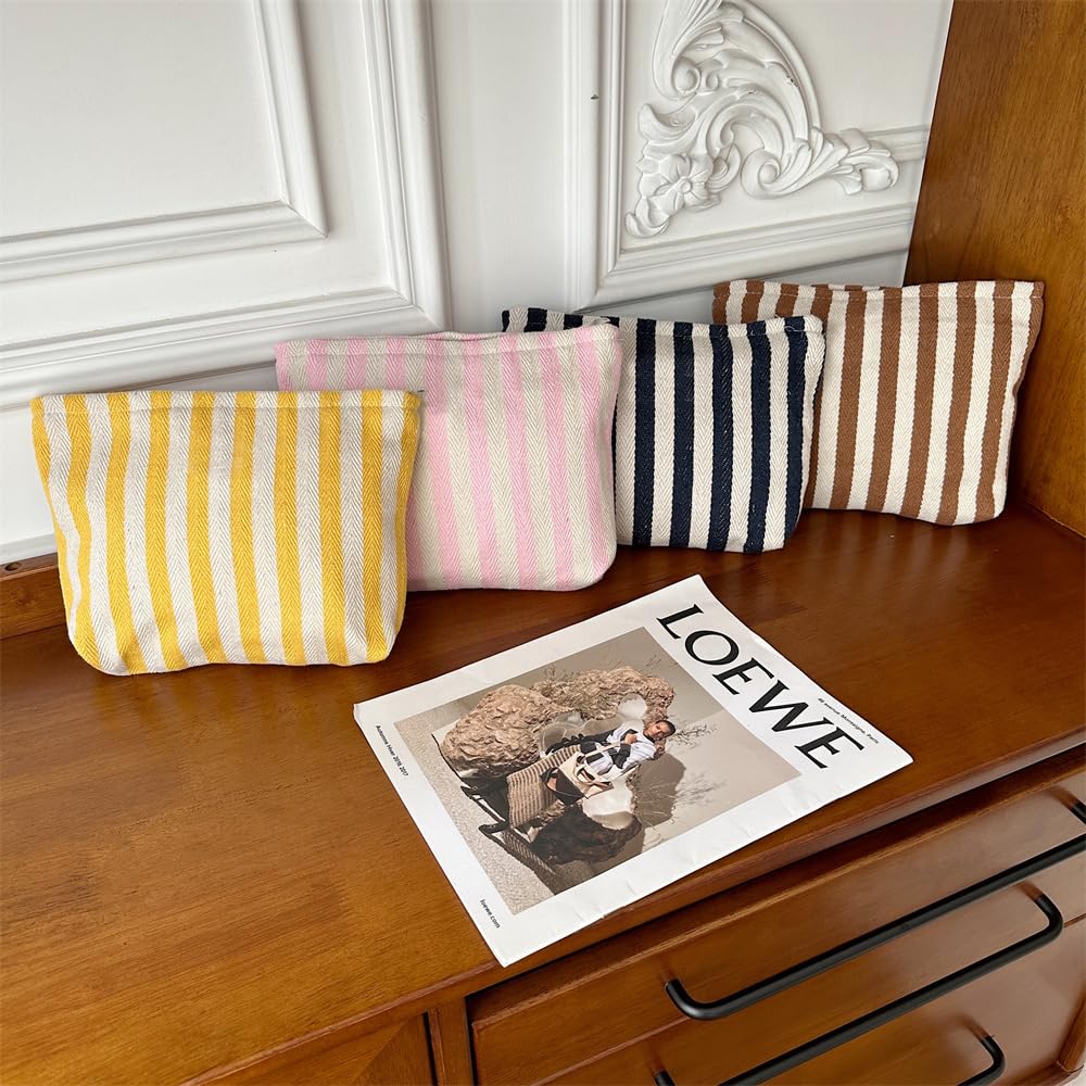 Flat Makeup Bag for Women,Zipper Cosmetic Pouch for Purse,Stripe Yellow