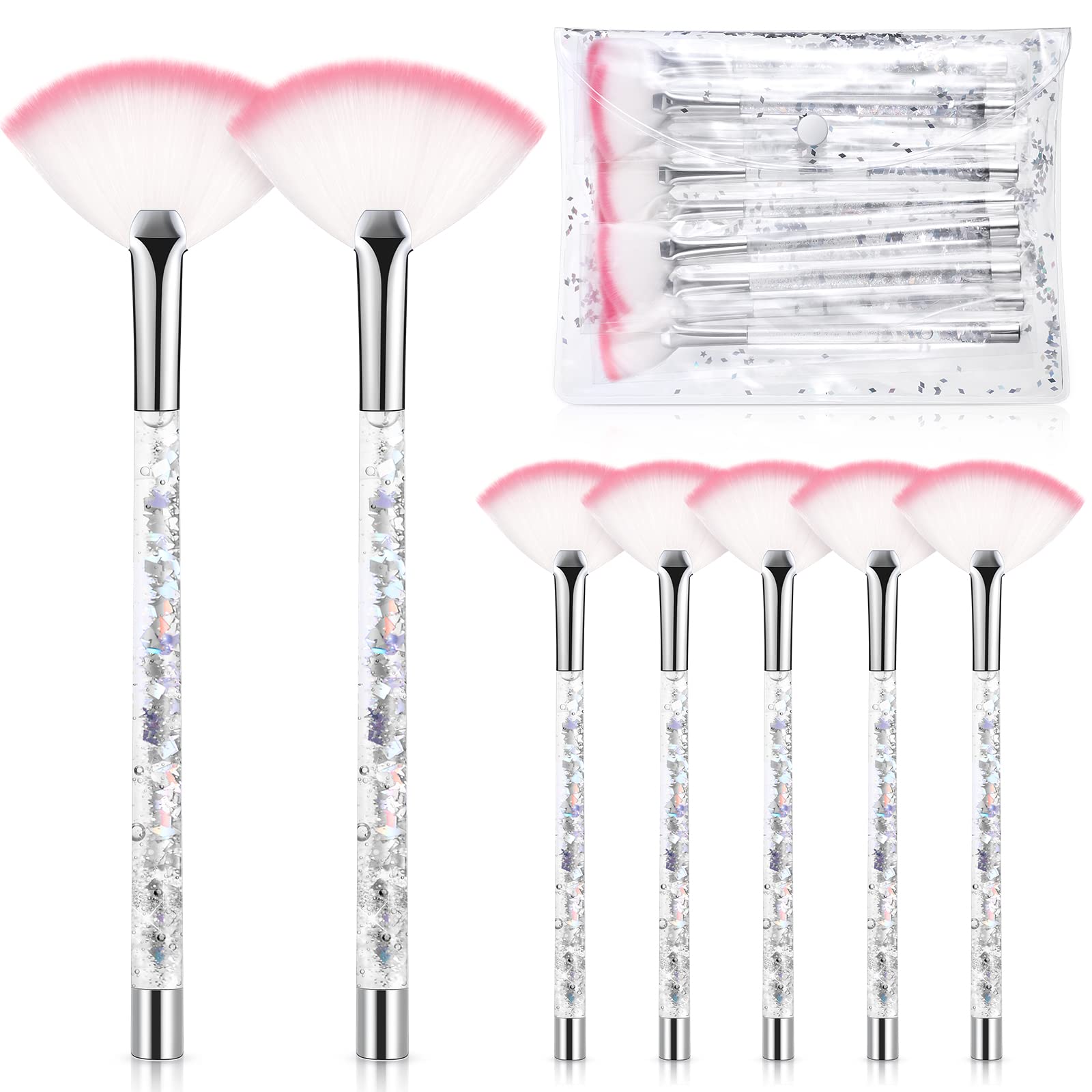 Nuenen 12 Pcs Soft Fan Facial Brushes Mask Acid Applicator Brush for Mud Cream Blush Makeup Peel Glycolic Multi Use Cosmetic Tools with Glitter Quicksand Handle and Pouch(Silver)