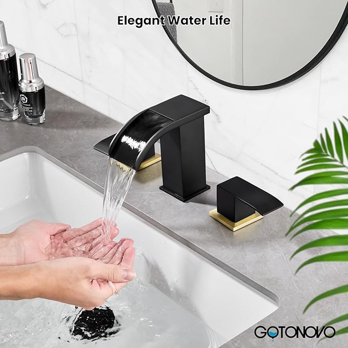 gotonovo Waterfall 8 inch Widespread Bathroom Faucet Set Bathroom Sink Faucet 3 Hole 2 Handle Vanity Lavatory Deck Mount with Pop Up Drain and Water Supply Lines Square Body Matte Black & Brushed Gold