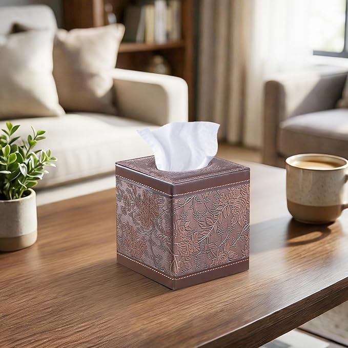 Leather Tissue Box Cover Square,Upgrade 99% Compatible Large Size,Cube Tissue Box Holder for Napkin Facial Paper,Dryer Sheet Dispenser Organizer for Bathroom Vanity Countertop,Night Stand