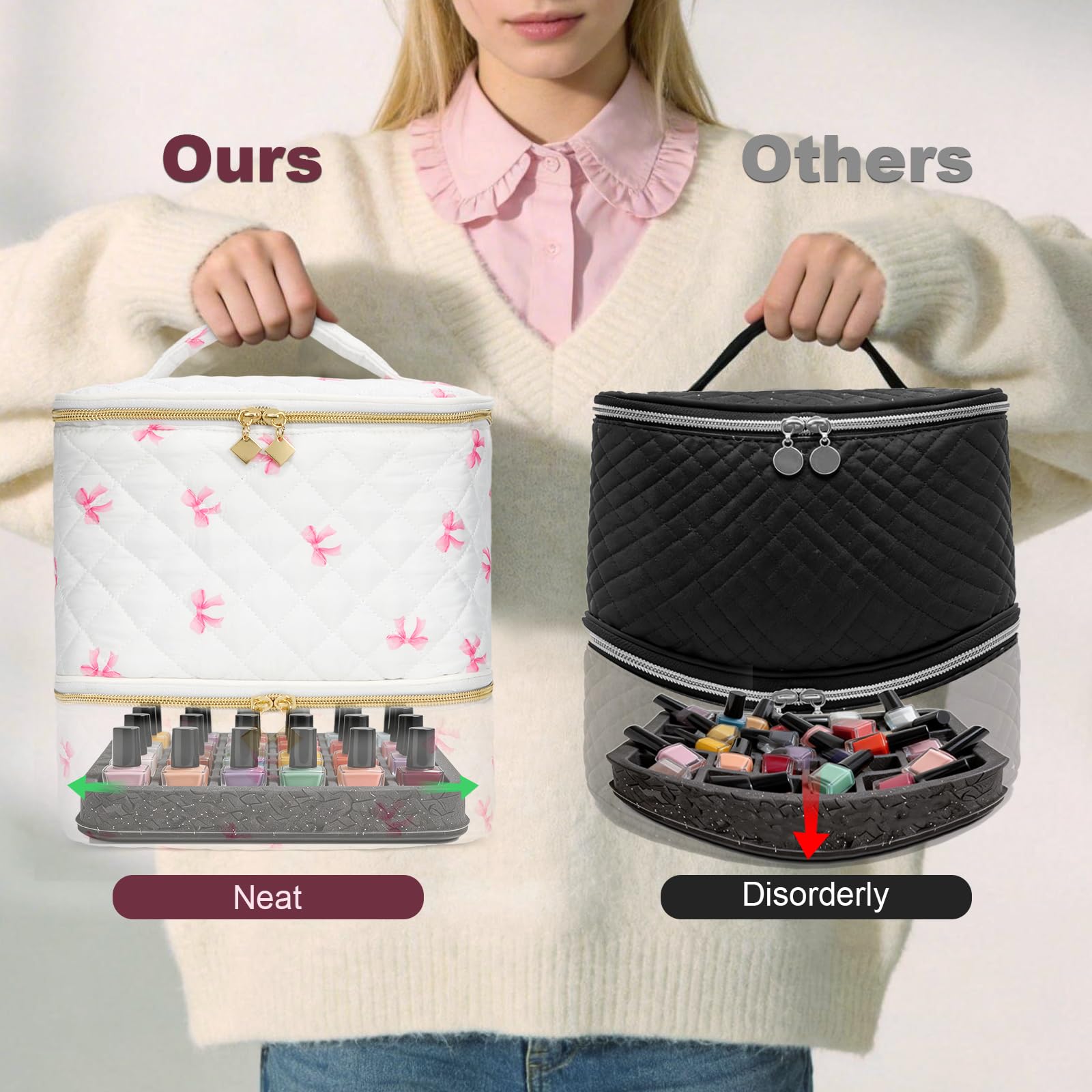hibear Nail Supplies Organizer Nail Polish Storage Holds 30 BottlesNail Polish Storage Holds 30 Bottles Nail Kit Case Makeup Bag Vanity Case for Women (bow-3)
