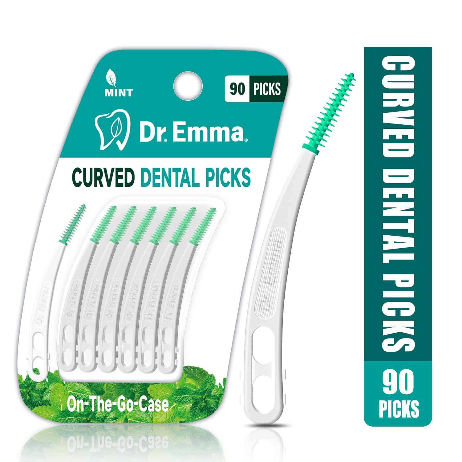 Dr. Emma Dental Picks Mint Curved Soft Rubberized Tooth Picks Easy to Use Brush Picks with Carry Case, 90Ct/Pack, 2 Pack