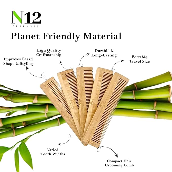N12 Products 5 Bamboo Wood Pocket Beard Comb Set of 5, 100% Natural wooden combs for Beard, Hair, Mustache, Men & Women, Travel-Friendly, Eco-Friendly Grooming Solution