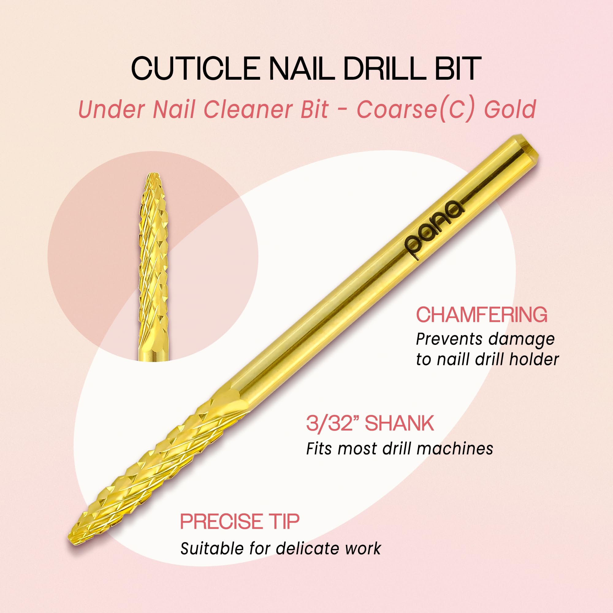 PANA 3/32" Carbide Cuticle Nail Drill Bit for Cuticle Cleaning, Dead Skin Removal, Gel Polish & Acrylic Removal, Under Nail Cleaner, Nail Salon, Manicure Tools (UNC - Gold, Coarse)