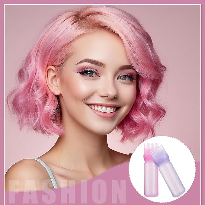 Pimoys 2 Pack Root Comb Applicator Bottle 6 Ounce Oil Applicator for Hair Dye, Hair Oiling Applicator Brush with Graduated Scale, Pink and Purple