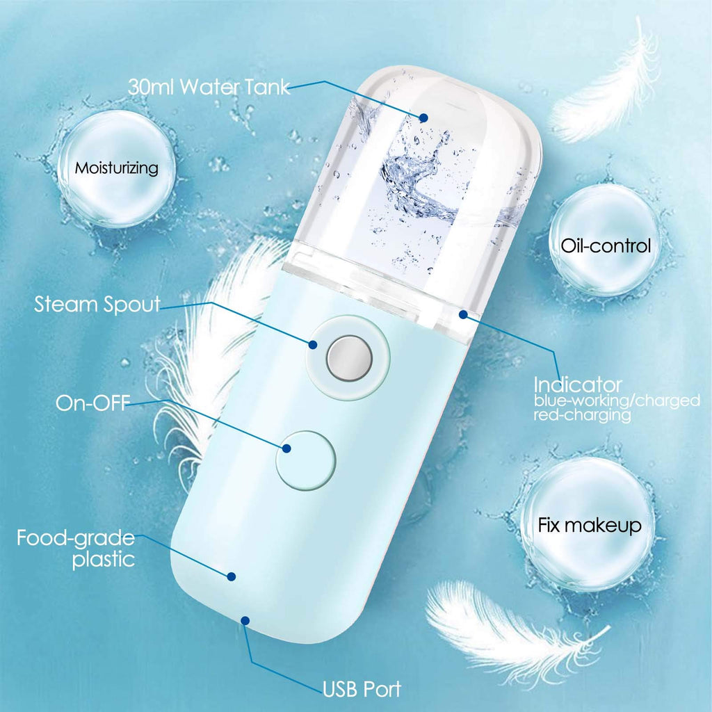 GIVERARE 2 Pack Nano Facial Steamer, Handy Mini Mister, USB Rechargeable Mist Sprayer, 30ml Visual Water Tank Moisturizing&Hydrating for Face, Skin Care, Eyelash Extensions-Blue