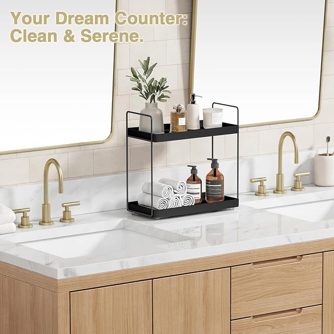 Forbena Black Bathroom Counter Organizer, Tiered Bathroom Organizer Countertop Tray, Corner Makeup Vanity Shelf Organizers and Storage for Men Perfume Skin Care Kitchen Sink Coffee Bar Station