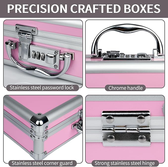 HUONIC Large Portable Cosmetic Box with 6 Accessories, Aluminum Makeup Storage Lock Case. 11.2 X 8 X 3.9 Inches, Great Gift for Women. (Pink)