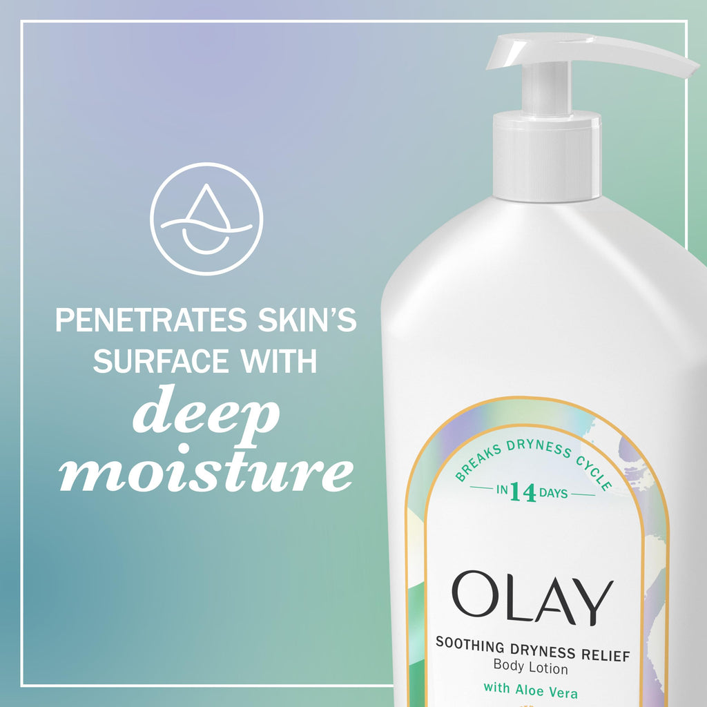 Olay Body Lotion for Women, Soothing Dryness Relief, 24hr Moisturizing & Deep Hydration, Absorbs Instantly, Penetrating Vitamin B3 Complex, For All Skin Types, Aloe Vera Scent, 18 fl oz