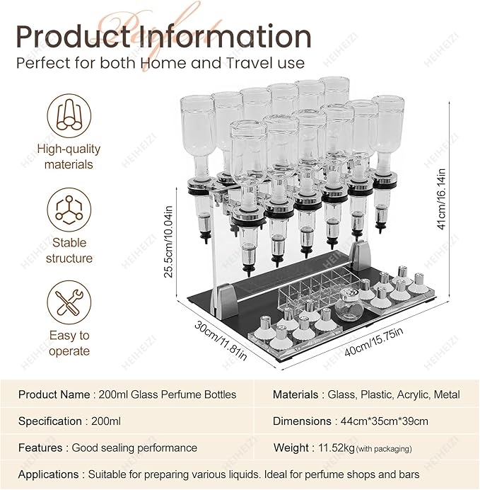 HEIHEIZI Manual Liquid Filling Machine Transfer Tools Kit 12 Bottles, Adjustable Perfume Dispenser Kit, with 12 Pump Heads & 12 Testing Cups, for Perfume Store Studio Salon Bar