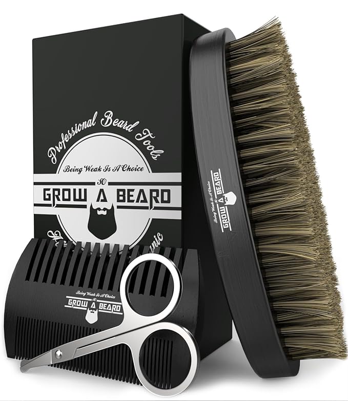 Beard Brush for Men with Beard & Mustache Comb Set, Beard Grooming & Care Kit, Natural Boar Bristle Brush, Dual Action Wood Comb, Stainless Steel Scissors, and Travel Bag, Great Fathers Day