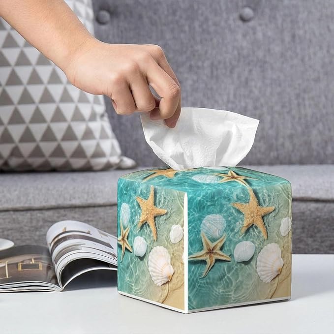 Sea Shell Tissue Box Cover Leather Tissue Box Holder Square Facial Paper Organizer Dispenser for Bathroom Kitchen Bedroom Vanity Countertop Night Stands