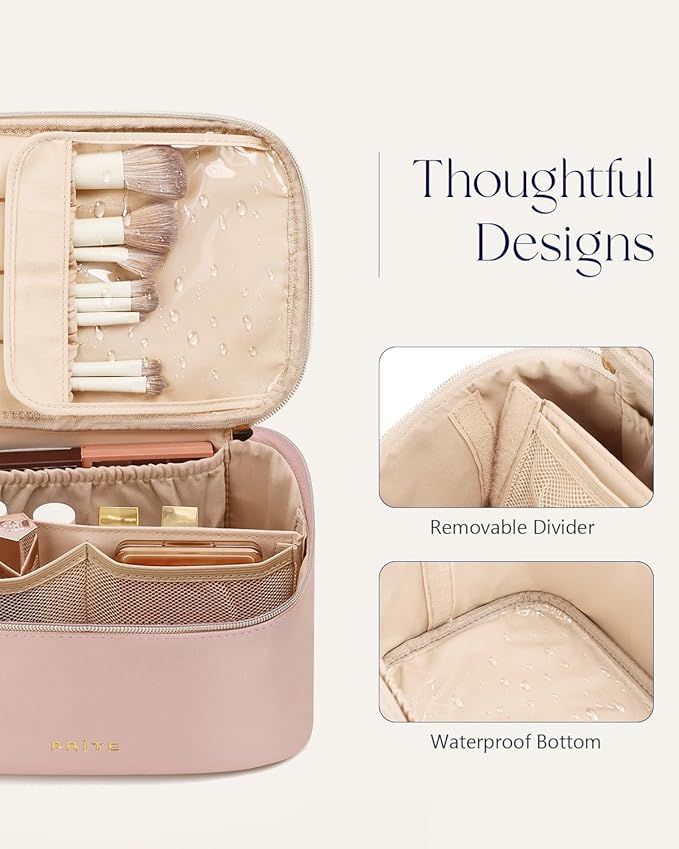 Prite Makeup Bag, Large Capacity Cosmetic Bag for Women and Girls, Waterproof PU Leather Travel Makeup Case, Toiletry Organizer with Handle and Divider for Skincare and Brushes - Pearl Pink