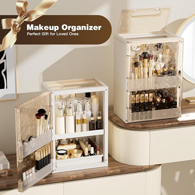 AERCIINC Makeup Organizer with Drawers and Lid, Large Skincare Organizer for Vanity, Dustproof Cosmetic Organizer and Makeup Storage Box with Brush Holder for Dresser, Bathroom Countertop