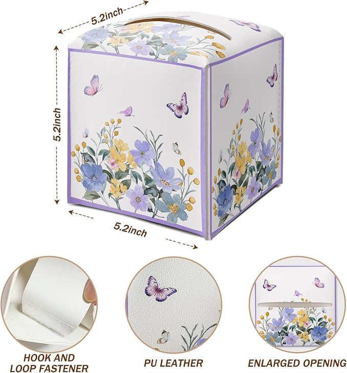 Butterfly Purple Floral Tissue Box Cover Square with Bottom Belt, Leather Waterproof Tissue Holder Facial Paper Case for Tabletop Home Office Bathroom Car Decor -08