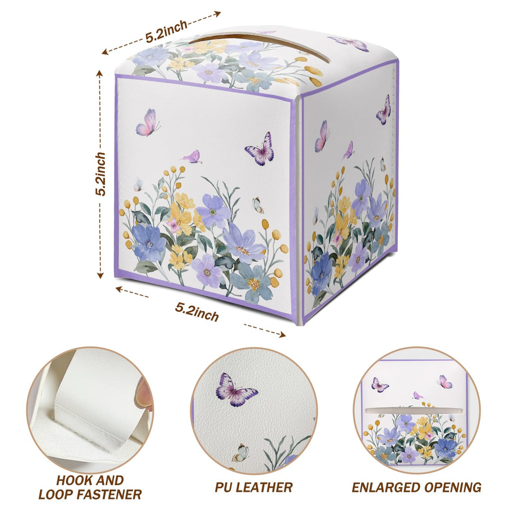 Butterfly Purple Floral Tissue Box Cover Square with Bottom Belt, Leather Waterproof Tissue Holder Facial Paper Case for Tabletop Home Office Bathroom Car Decor -08